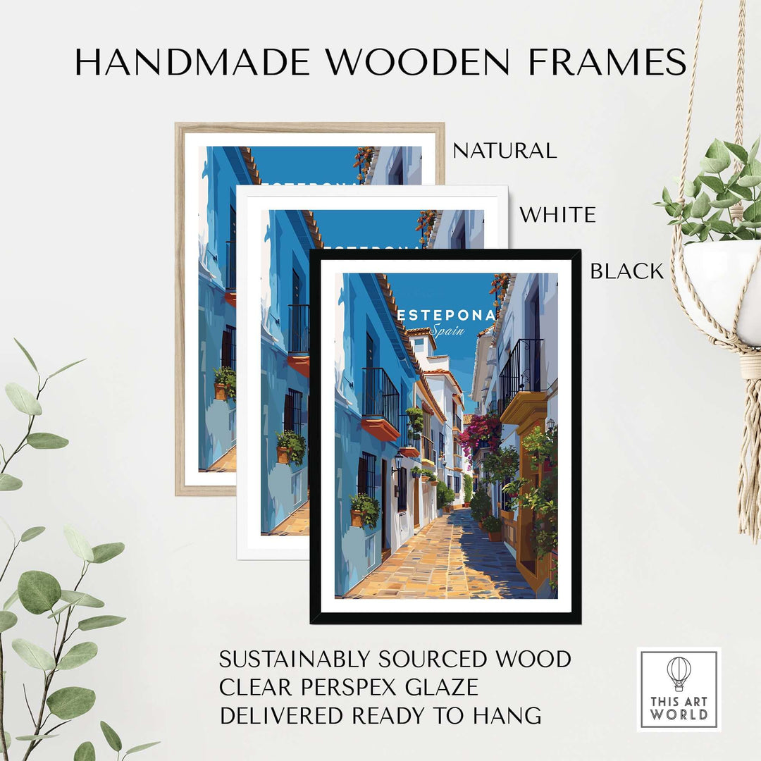 Estepona Flower Alley Print | Mediterranean Travel Wall Art in handmade wooden frames, natural, white, and black.