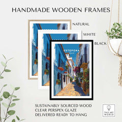 Estepona Flower Alley Print | Mediterranean Travel Wall Art displayed in handmade wooden frames of natural, white, and black colors.
