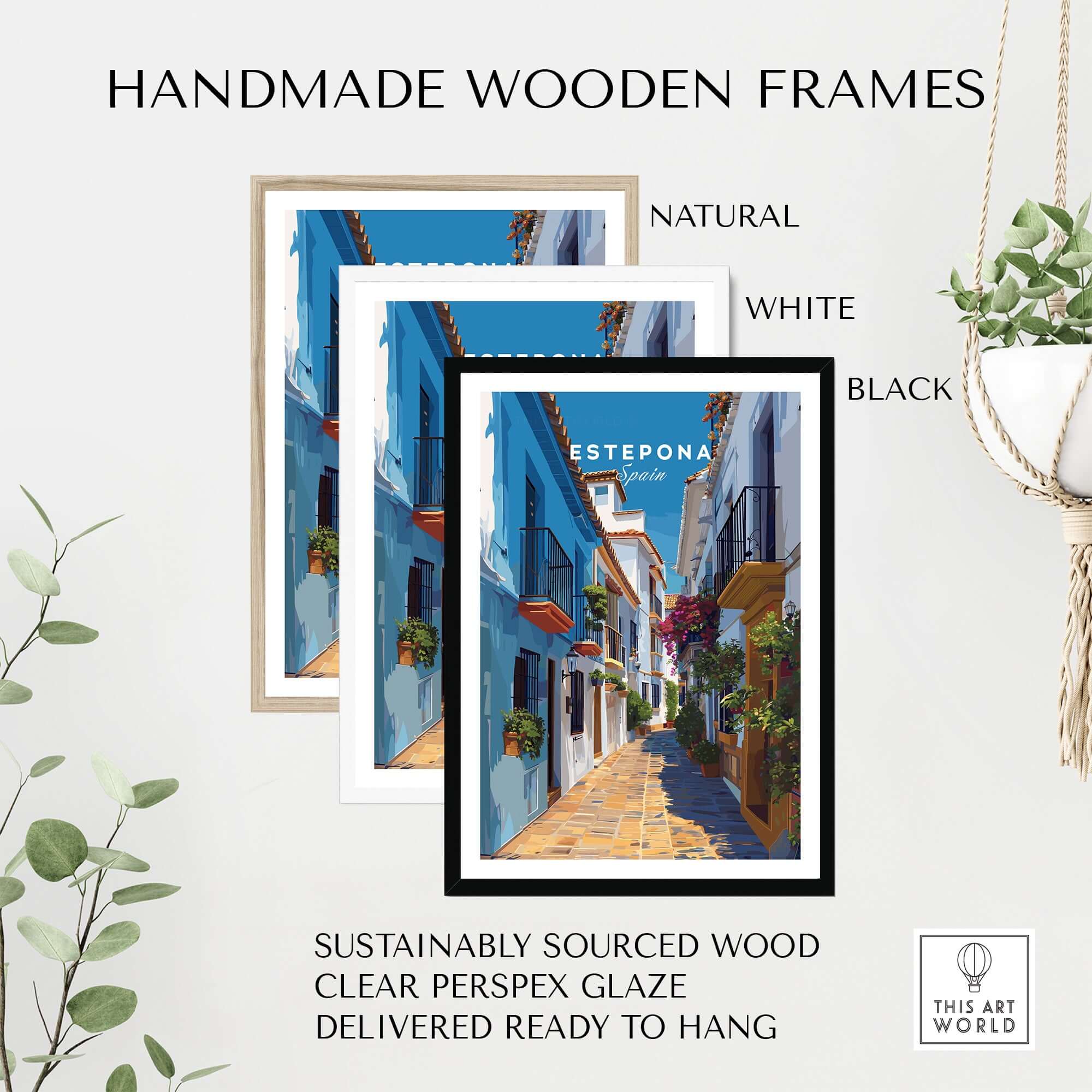 Estepona Flower Alley Print | Mediterranean Travel Wall Art displayed in handmade wooden frames of natural, white, and black colors.