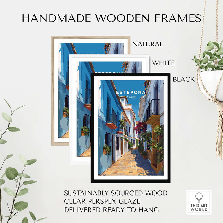 Estepona Flower Alley Print | Mediterranean Travel Wall Art in handmade wooden frames, natural, white, and black.