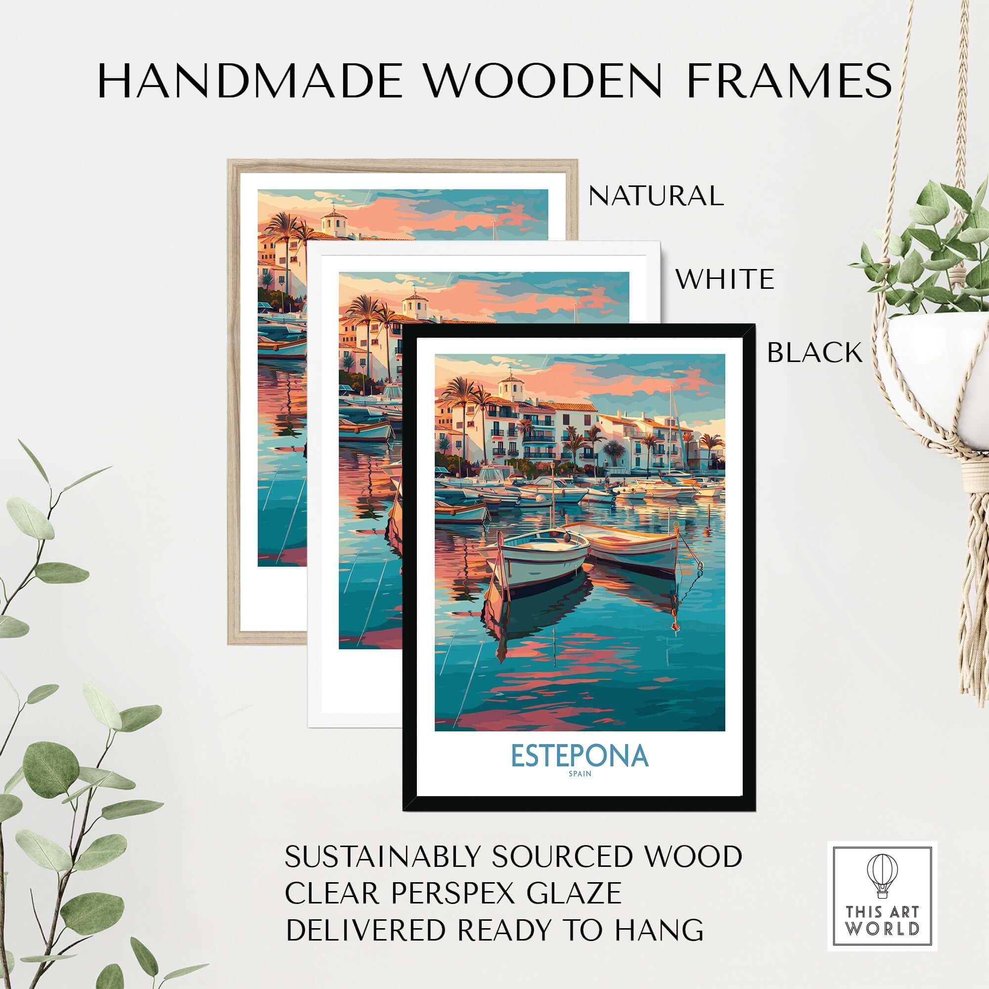 Estepona Spain Sunset Marina Art Print | Andalusian Coastal Poster in handmade wooden frames.