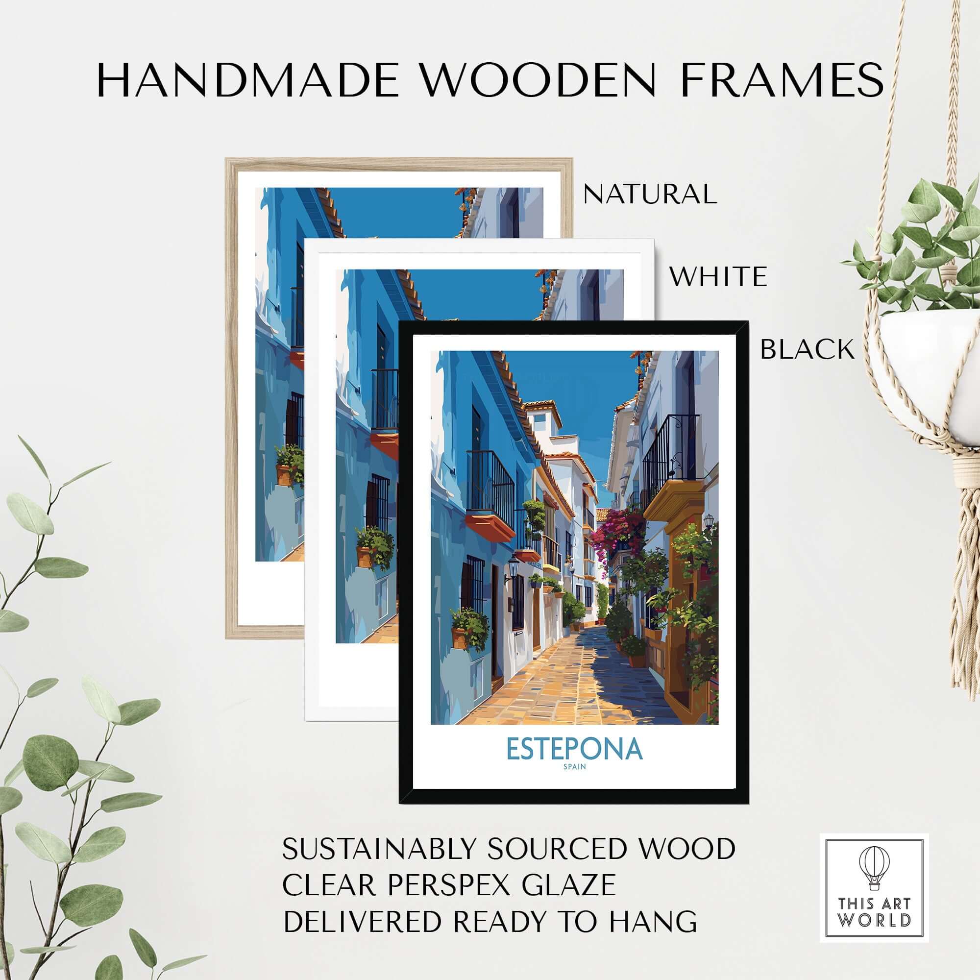 Estepona Spain Art Print | Spanish Architecture Poster with handmade wooden frames in natural, white, and black colors.