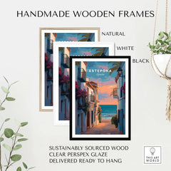 Estepona Balcony View Beach Print | Andalusian Home Decor framed in natural, white, and black handmade wooden frames.