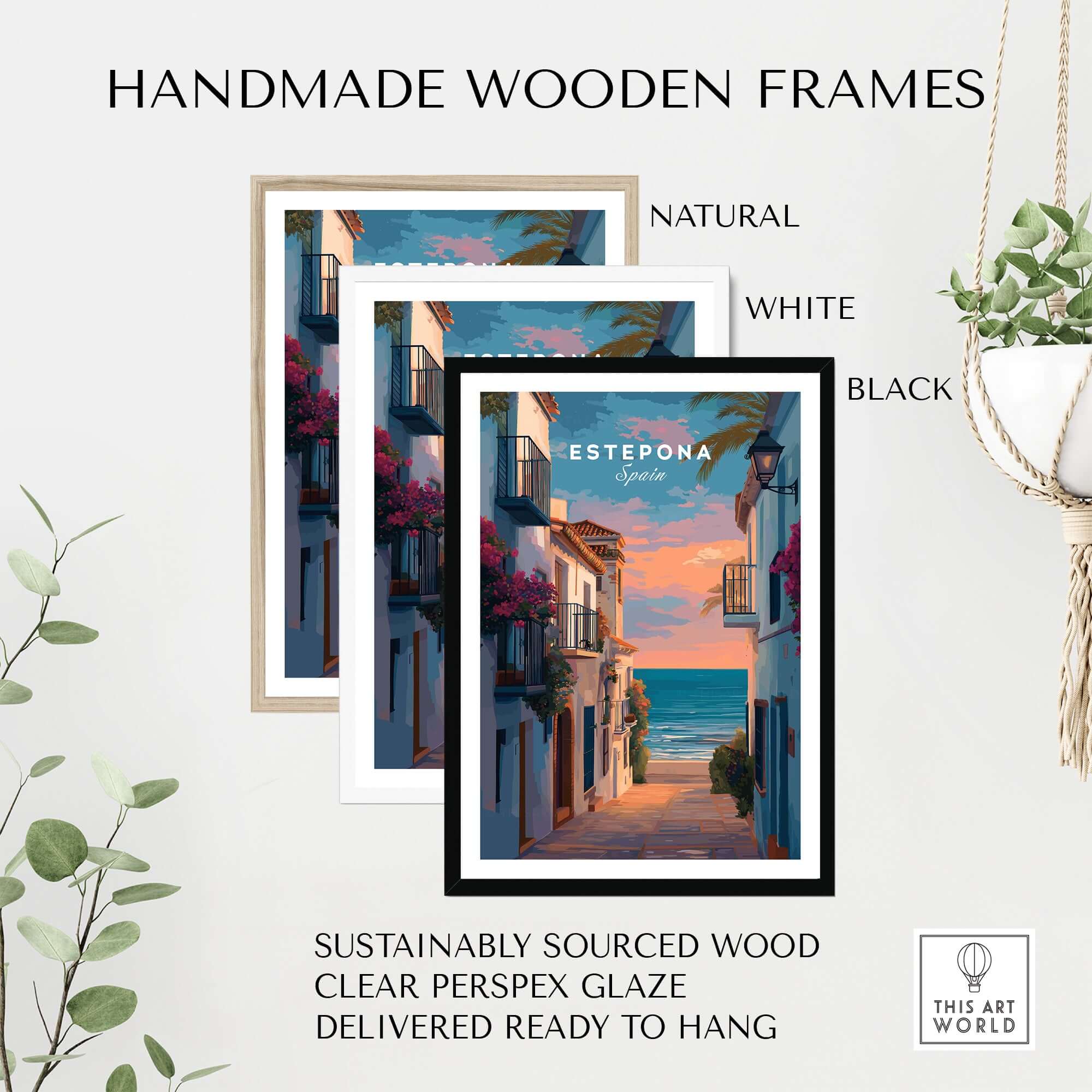 Estepona Balcony View Beach Print | Andalusian Home Decor framed in natural, white, and black handmade wooden frames.