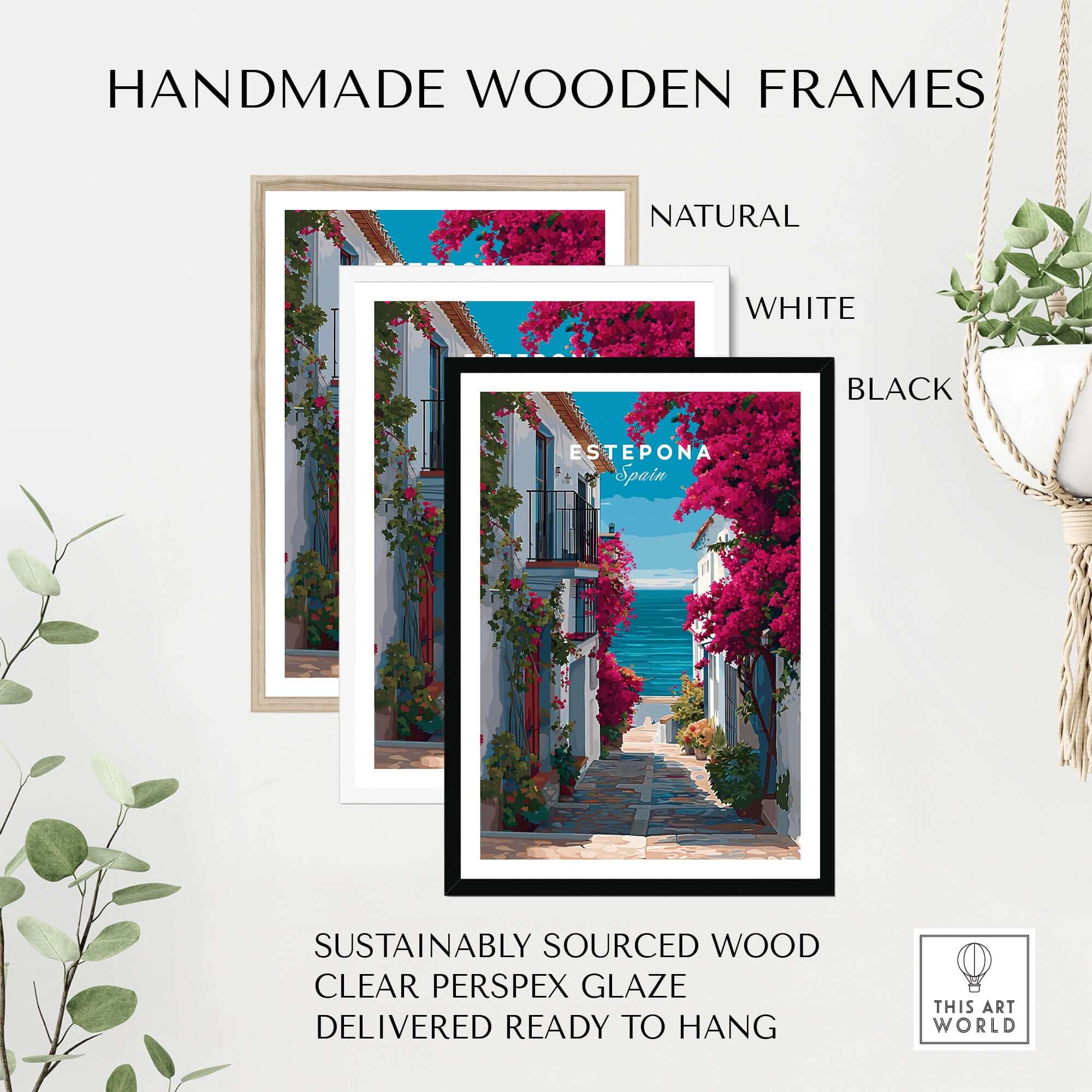 Estepona Old Town Sea View Print | Mediterranean White Village Decor in handmade wooden frames