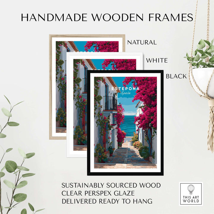 Handmade wooden frames in natural, white, and black for Estepona Old Town Sea View Print | Mediterranean White Village Decor.
