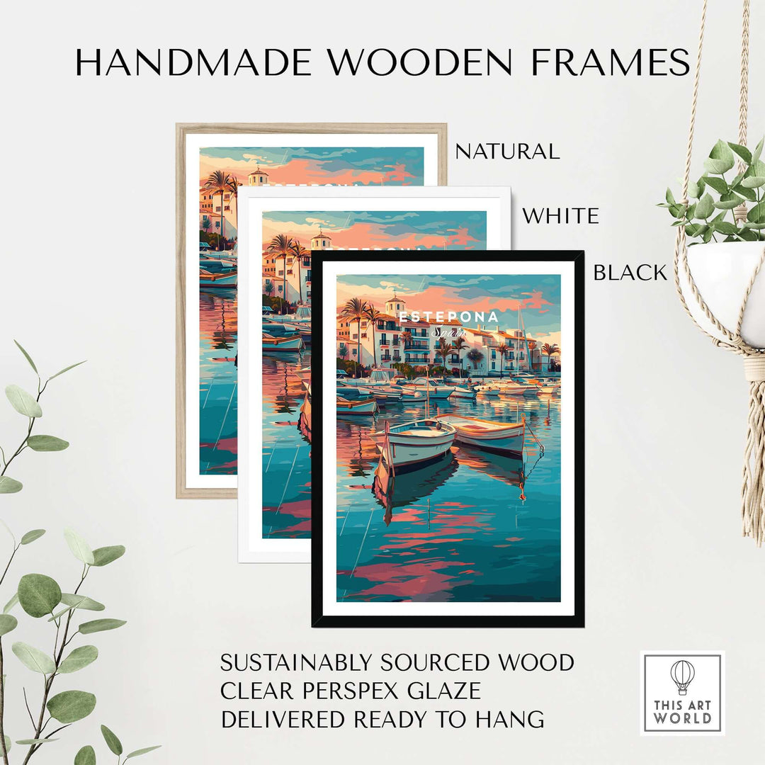 Estepona Boats Harbour Reflection Print | Mediterranean Wall Decor framed in handmade wooden frames in natural, white, and black.