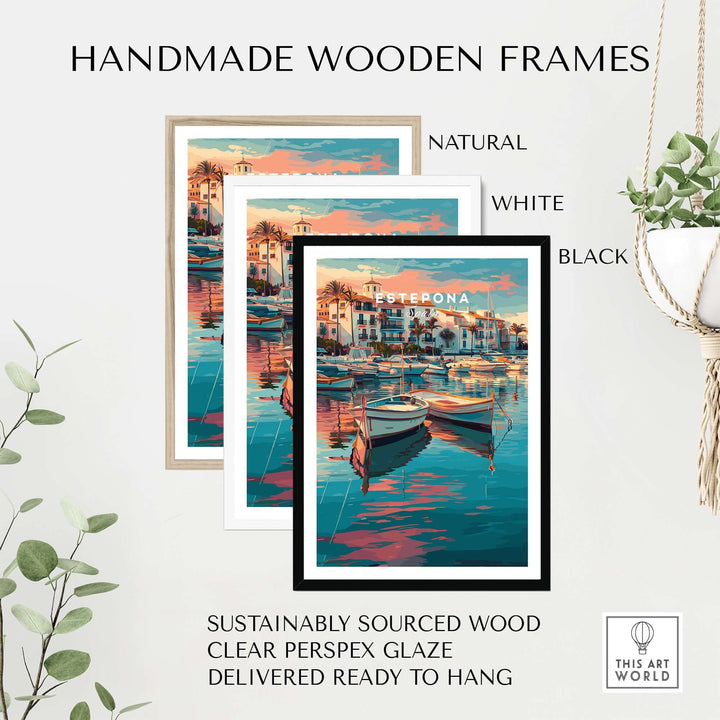 Estepona Boats Harbour Reflection Print | Mediterranean Wall Decor framed in handmade wooden frames in natural, white, and black.