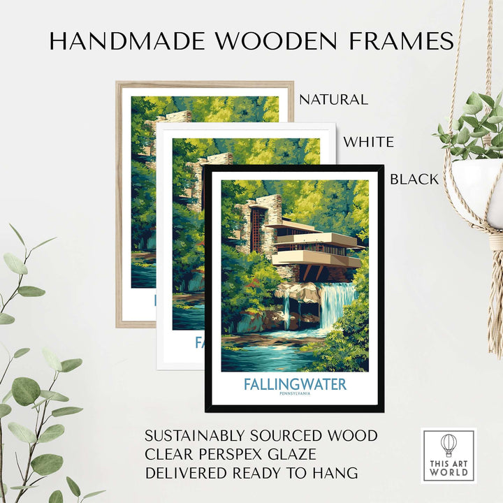 Fallingwater Frank Lloyd Wright Art Print | Pennsylvania Architecture Poster in handmade wooden frames
