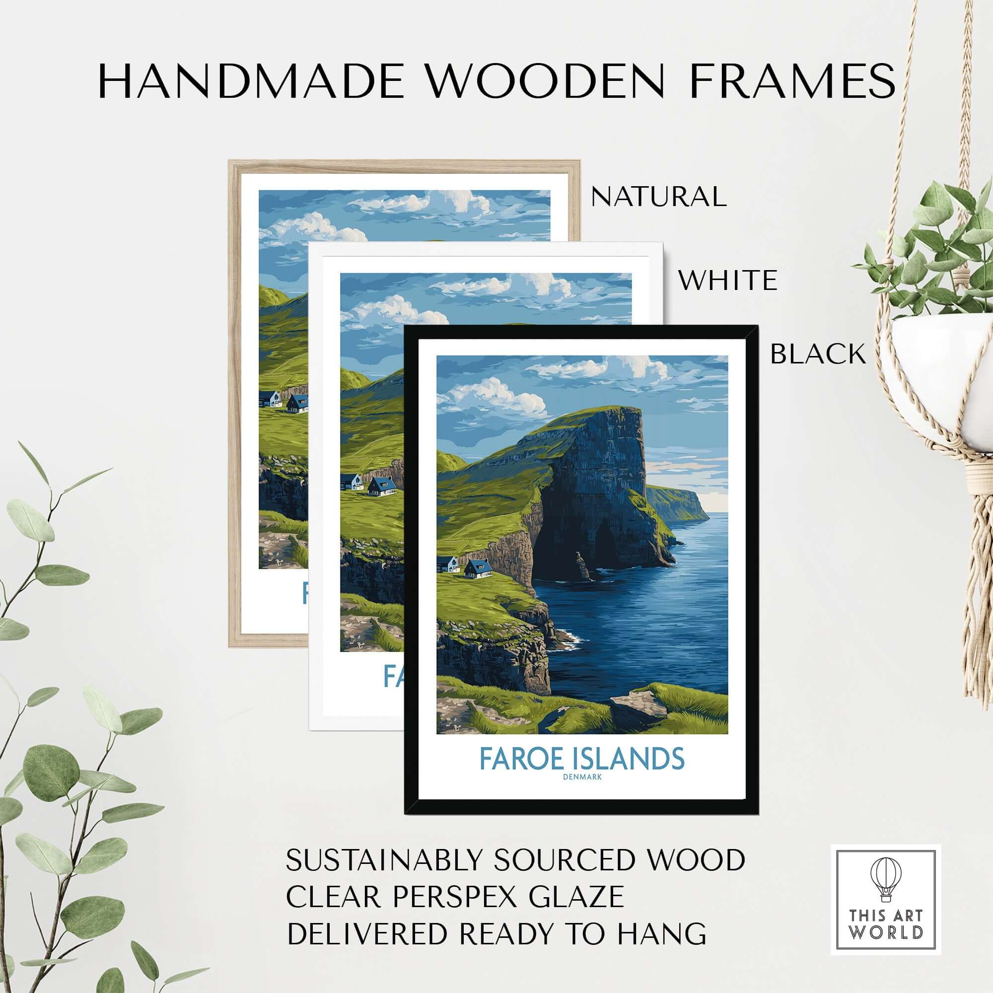 Faroe Islands Vágar Cliffs Art Print | Dramatic Coastal Landscape Poster displayed in handmade wooden frames.