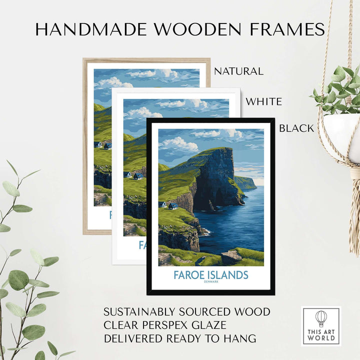 Handmade wooden frames in natural, white, and black for Faroe Islands Vágar Cliffs Art Print | Dramatic Coastal Landscape Poster.