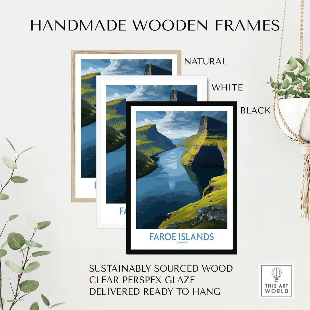 Handmade wooden frames showcasing Faroe Islands Fjord Landscape Art Print in natural, white, and black options.