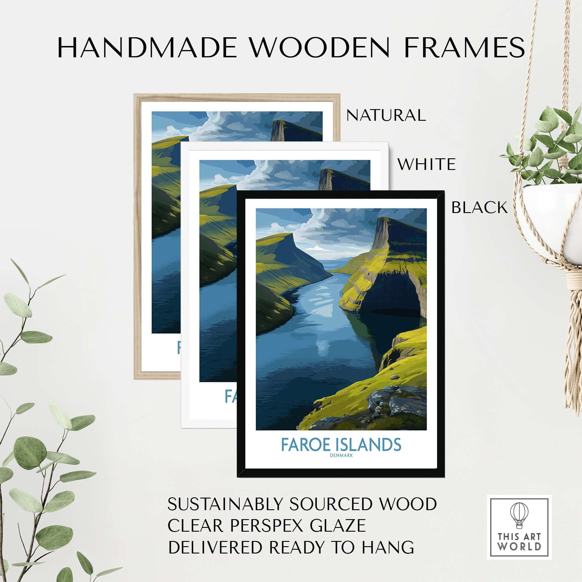 Faroe Islands Fjord Landscape Art Print displayed in handmade wooden frames in natural, white, and black.