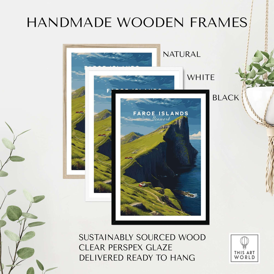 Faroe Islands Kalsoy Dramatic Scenery Print | Nordic Adventure Wall Art framed in natural, white, and black handmade wooden frames.