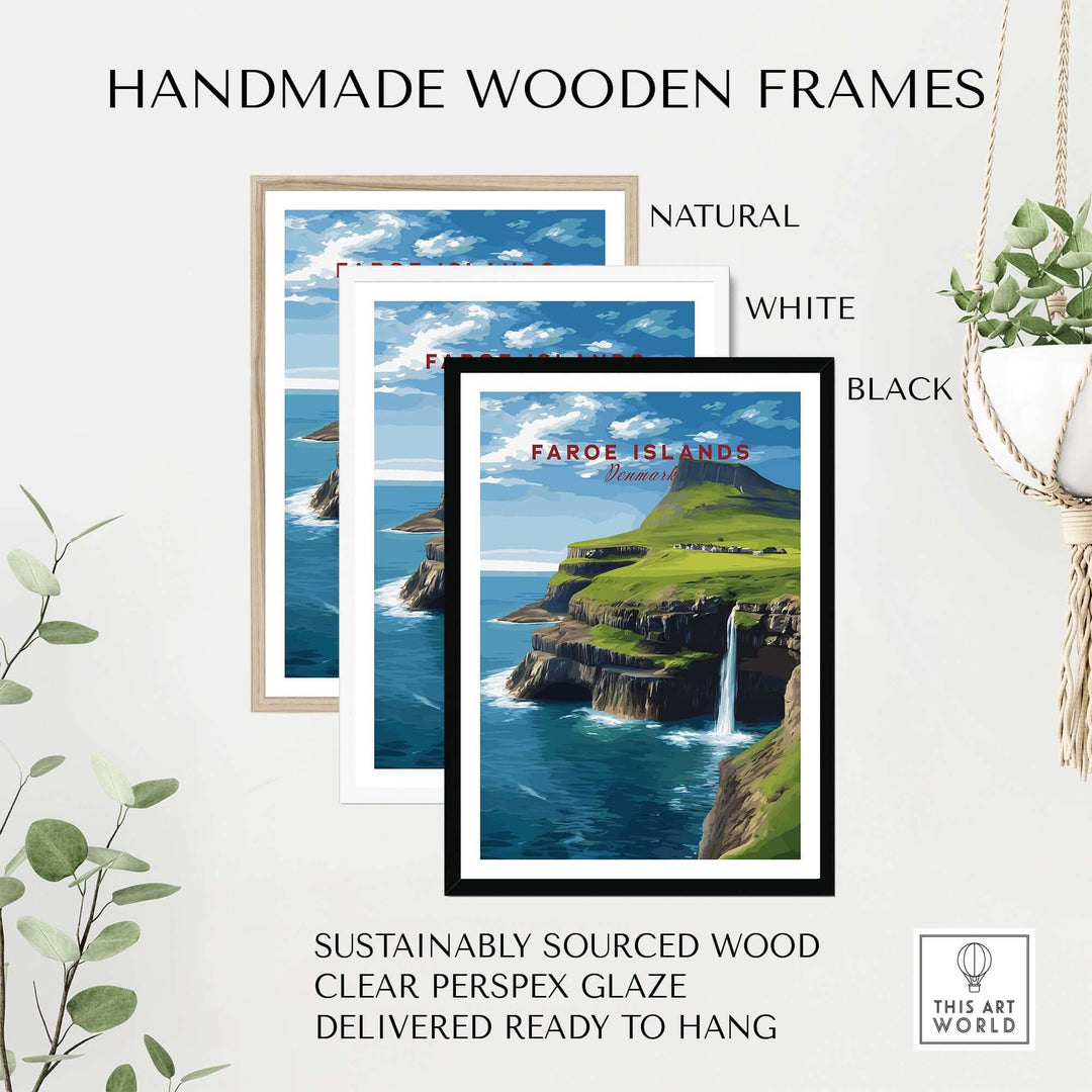 Handmade wooden frames for Faroe Islands Gásadalur Waterfall View Print | Nordic Nature Wall Decor in natural, white, and black colors.