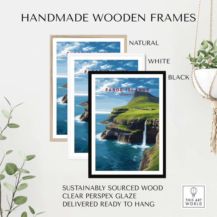 Handmade wooden frames for Faroe Islands Gásadalur Waterfall View Print | Nordic Nature Wall Decor in natural, white, and black colors.
