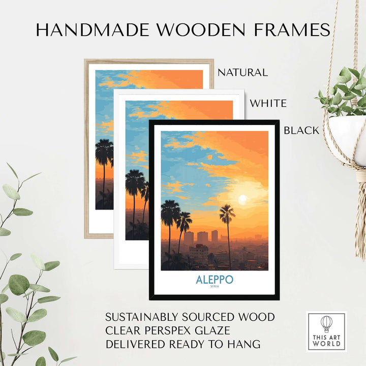 Three handmade wooden frames in natural, white, and black showcasing an Aleppo sunset art print.