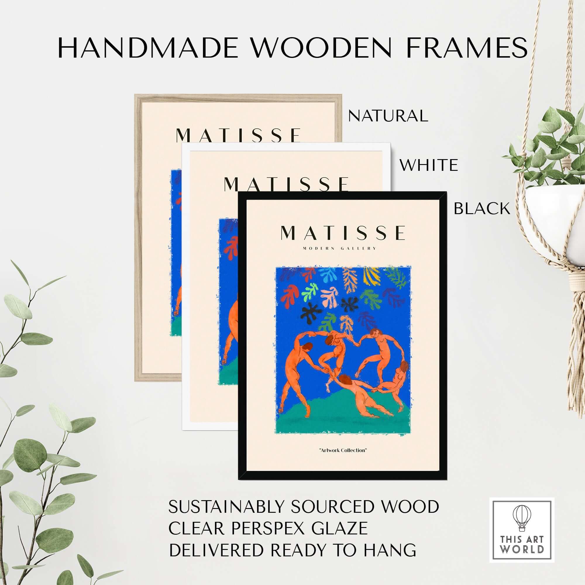 Matisse Art Prints - The Dance Figures Abstract Sky Poster displayed in handmade wooden frames of natural, white, and black colors.