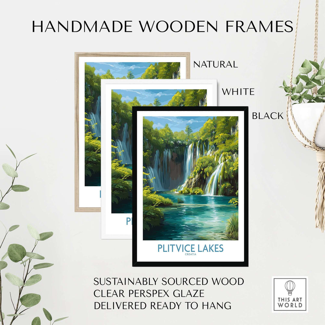 Handmade wooden frames in natural, white, and black for Plitvice Lakes waterfall poster, sustainably sourced with clear glaze.