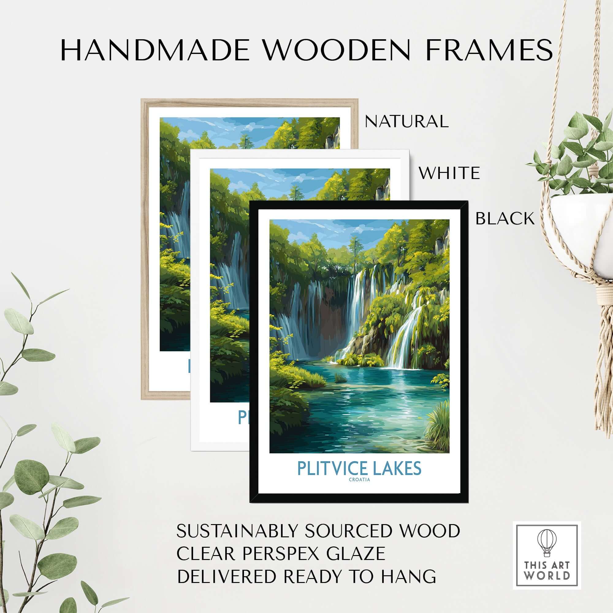 Handmade wooden frames for Plitvice Lakes Waterfall Poster, Croatia Travel Print, Blue Lake Wall Decor.