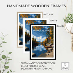 Pocono Mountains Pennsylvania Lakeside Art Print - Serene Nature Poster in handmade wooden frames, showcasing natural, white, and black options.