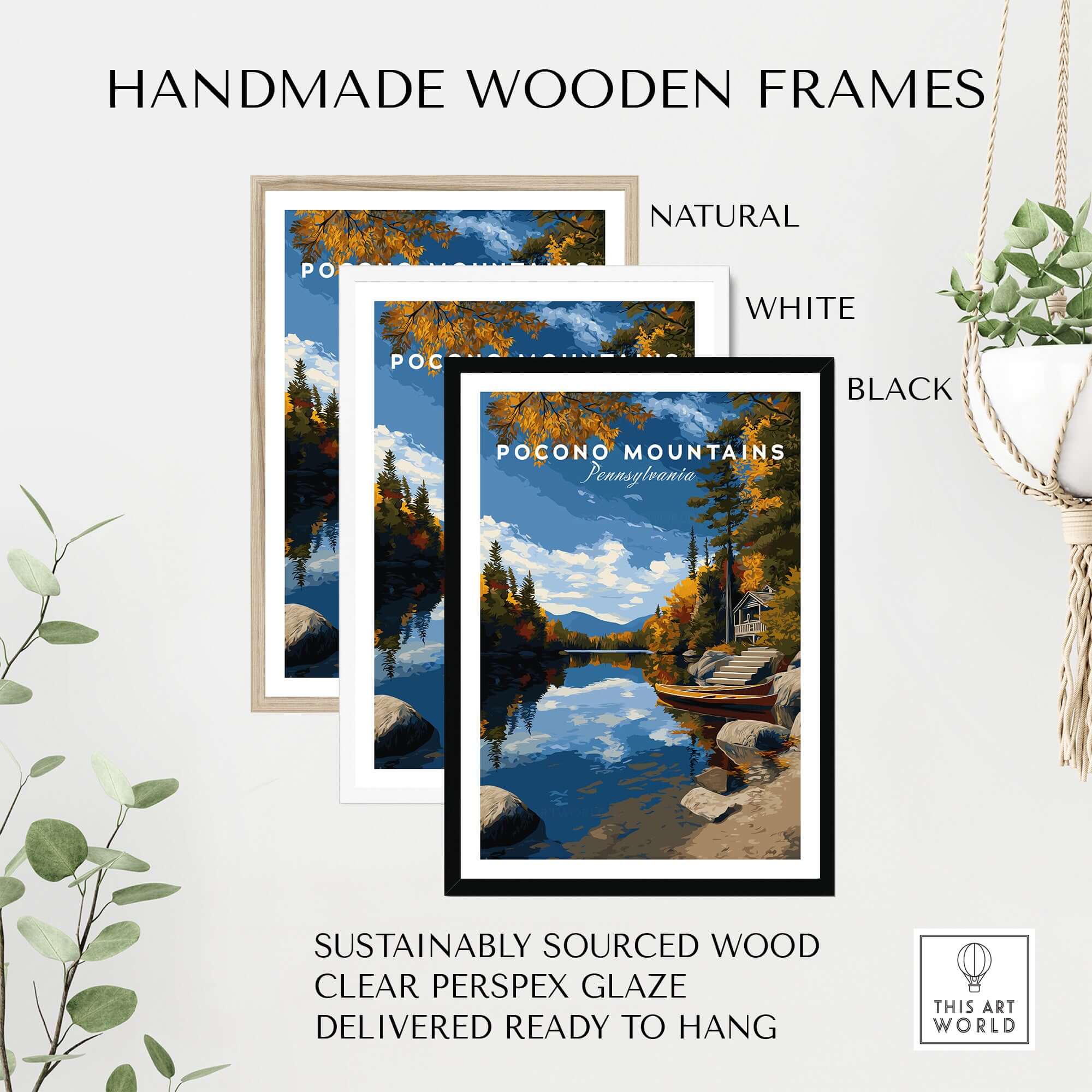 Pocono Mountains Pennsylvania Lakeside Art Print - Serene Nature Poster in handmade wooden frames, showcasing natural, white, and black options.