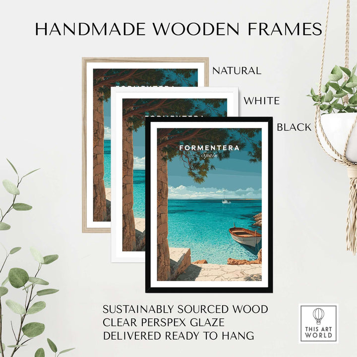 Formentera Balearic Island Seascape Print | Tranquil Coastal Decor in handmade wooden frames, natural, white, and black options.