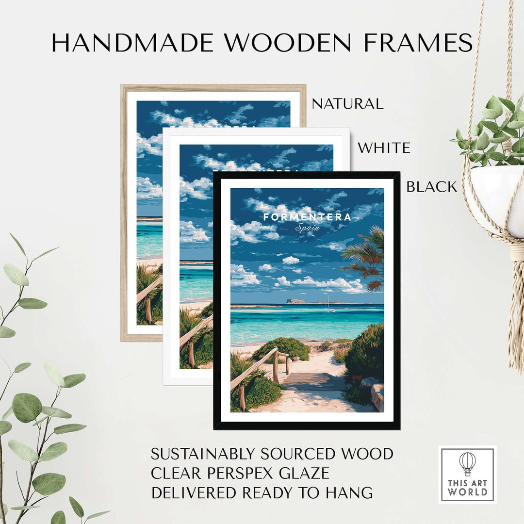 Formentera Blue Water Print | Balearic Island Home Decor with handmade wooden frames in natural, white, and black.