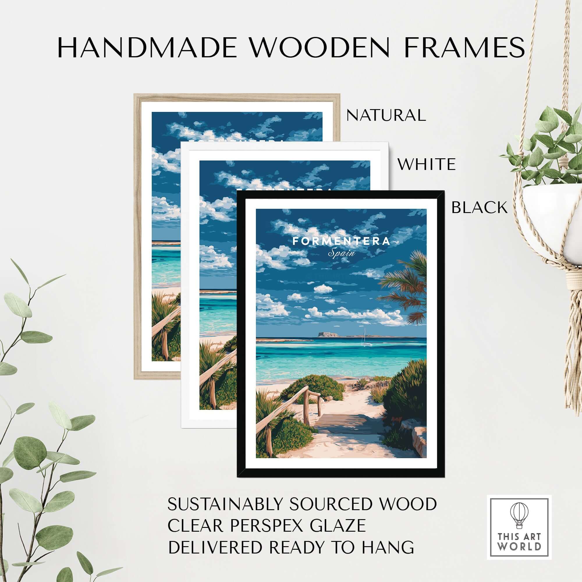 Formentera Blue Water Print | Balearic Island Home Decor displayed in handmade wooden frames available in natural, white, and black.