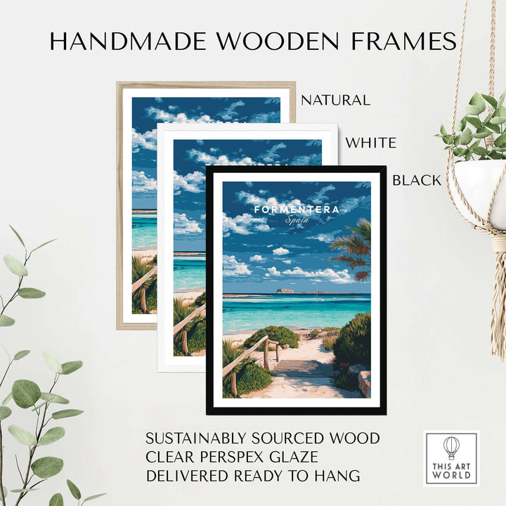 Formentera Blue Water Print | Balearic Island Home Decor with handmade wooden frames in natural, white, and black.
