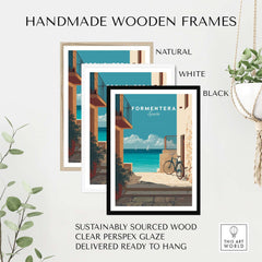 Formentera Old Town Sea View Print | Mediterranean Holiday Wall Art displayed in handmade wooden frames.