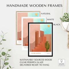 Handmade wooden frames in natural, white, and black for Galerie Bohème Abstract Moroccan Stairs Cactus Poster Desert Wall Art Print.