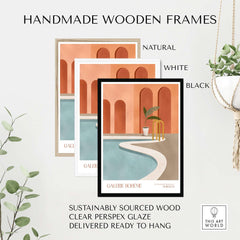 Handmade wooden frames for Galerie Bohème Poolside Morocco Architecture Poster Minimalist Wall Art Print in natural, white, and black.