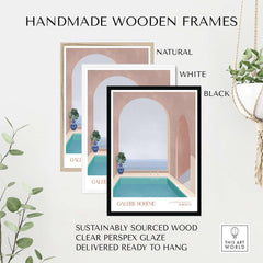 Handmade wooden frames in natural, white, and black colors for Galerie Bohème Moroccan Pool Ocean Archway Art Print Mediterranean Poster.