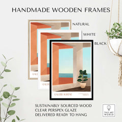 Galerie Bohème Ocean View Window Moroccan Style Art Print Boho Decor Poster displayed in handmade wooden frames.