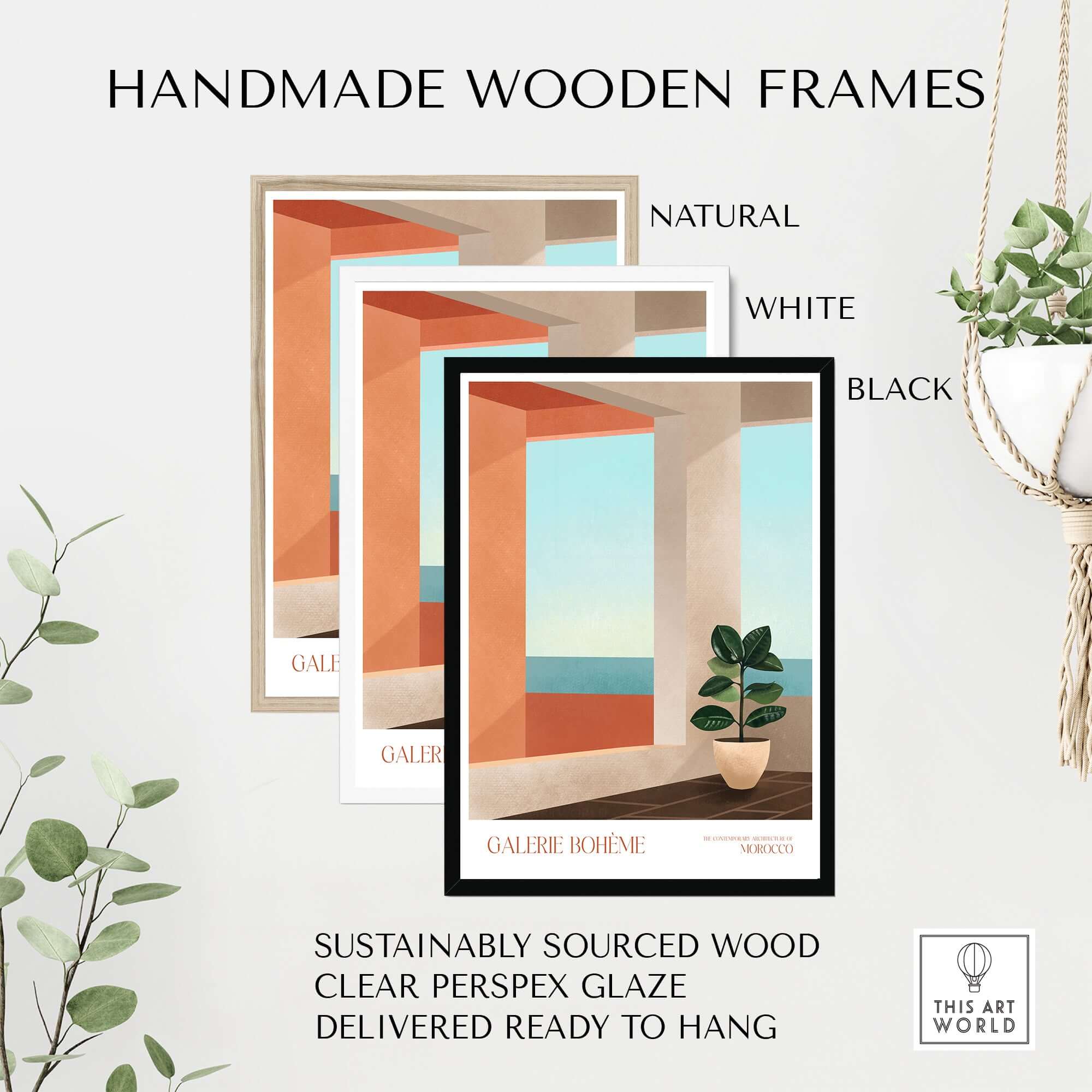 Galerie Bohème Ocean View Window Moroccan Style Art Print Boho Decor Poster displayed in handmade wooden frames.