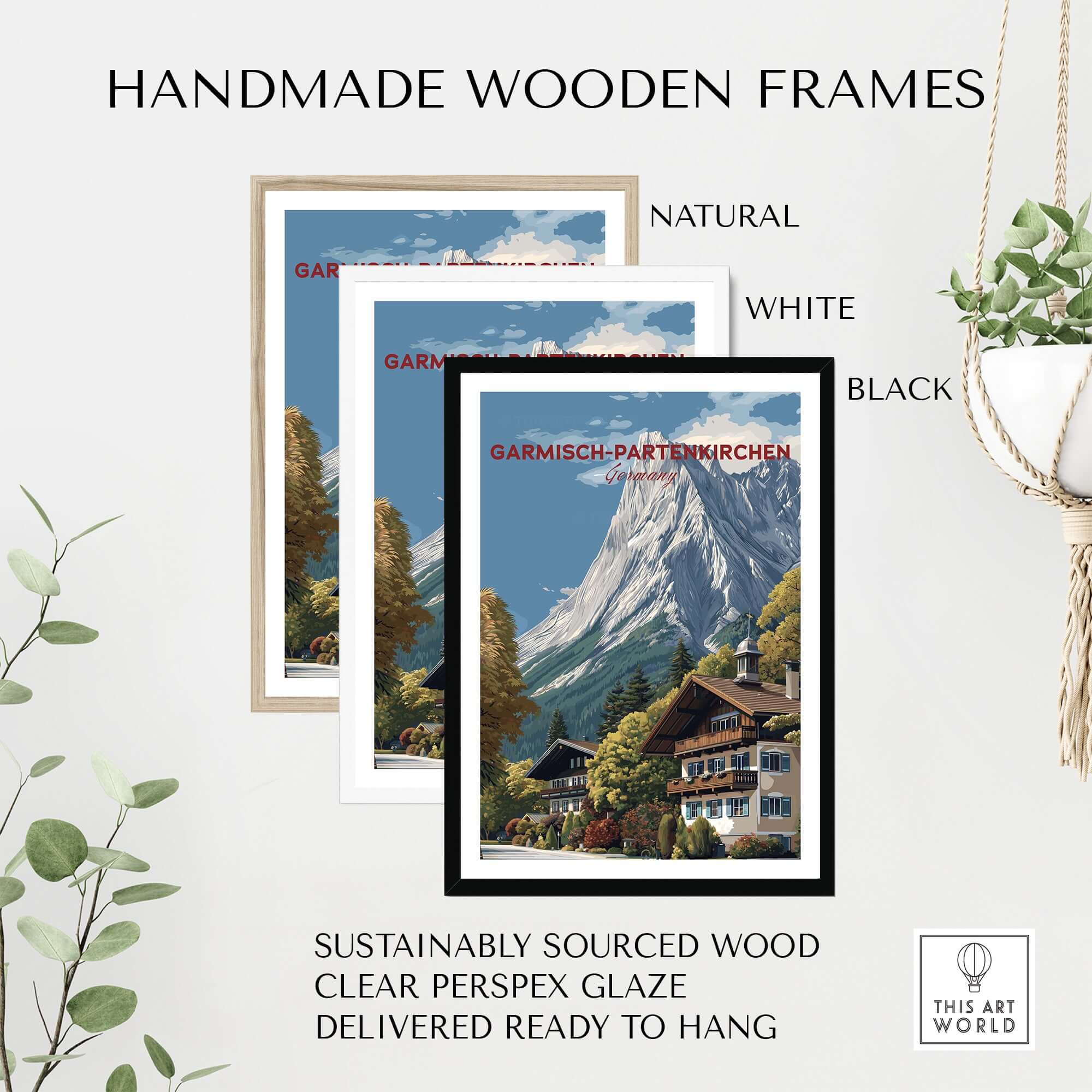 Garmisch-Partenkirchen Bavarian Alps View Print | Mountain Lodge Wall Decor with handmade wooden frames in natural, white, and black.