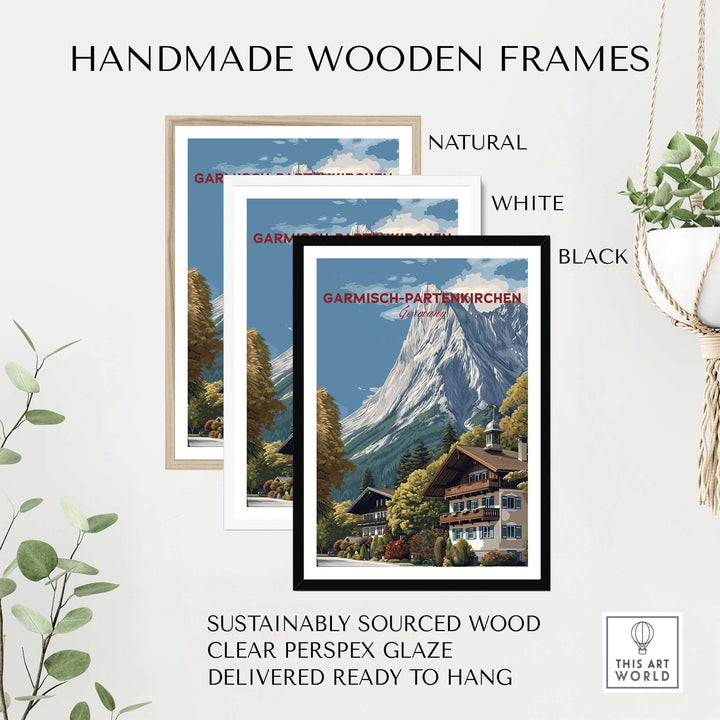 Handmade wooden frames in natural, white, and black for Garmisch-Partenkirchen Bavarian Alps View Print | Mountain Lodge Wall Decor.