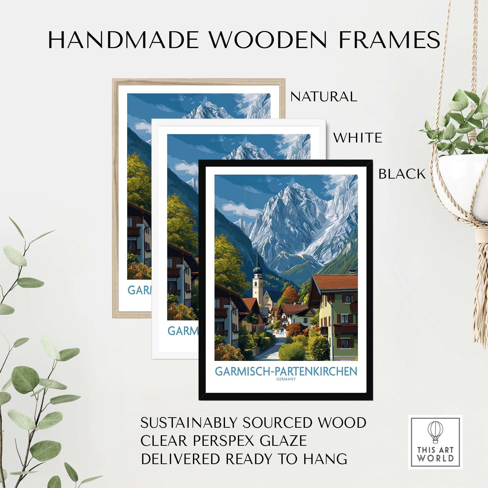 Garmisch-Partenkirchen Germany Snow-Capped Alps Art Print | Village Travel Poster in handmade wooden frames.