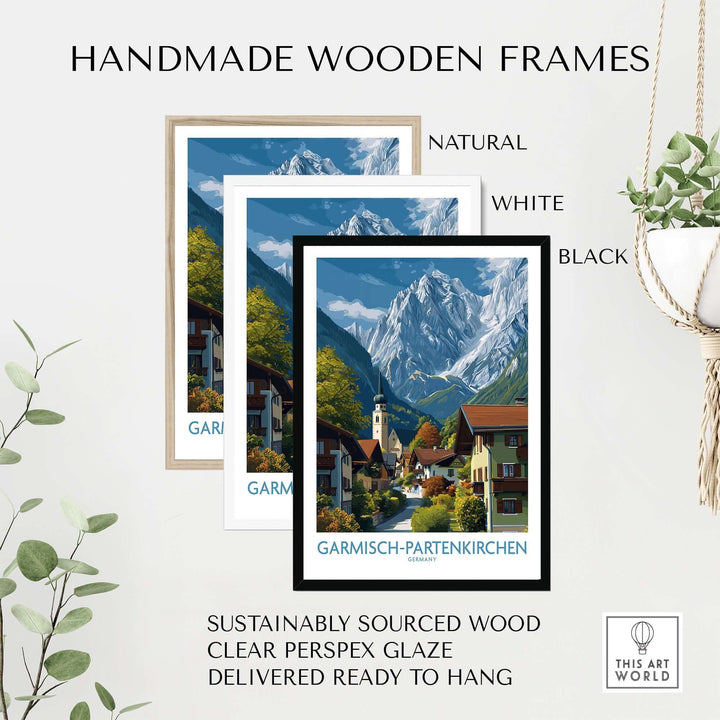 Garmisch-Partenkirchen Germany Snow-Capped Alps Art Print | Village Travel Poster framed in handmade wooden frames.