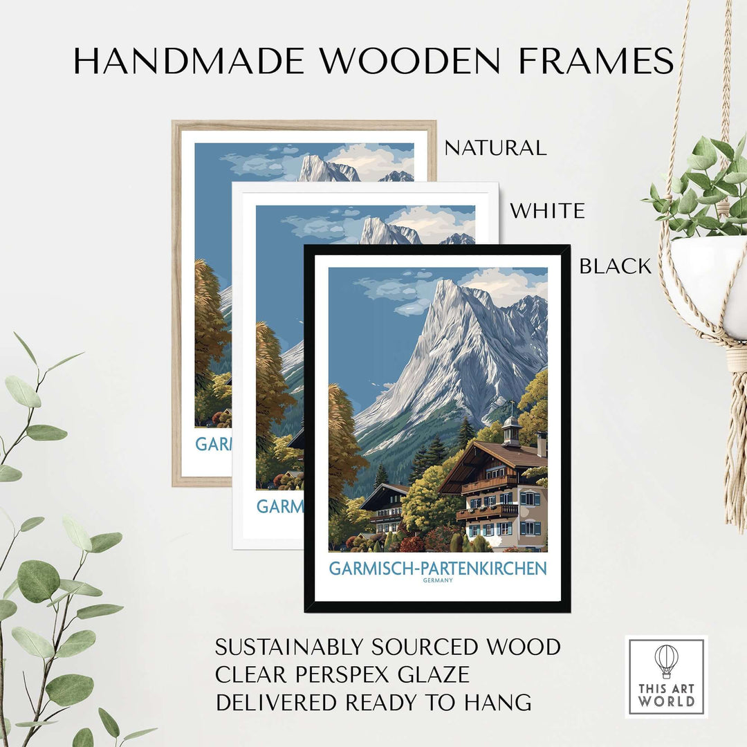 Garmisch-Partenkirchen Germany Mountain Town Art Print | Alpine Chalet Poster in handmade wooden frames, available in natural, white, and black.