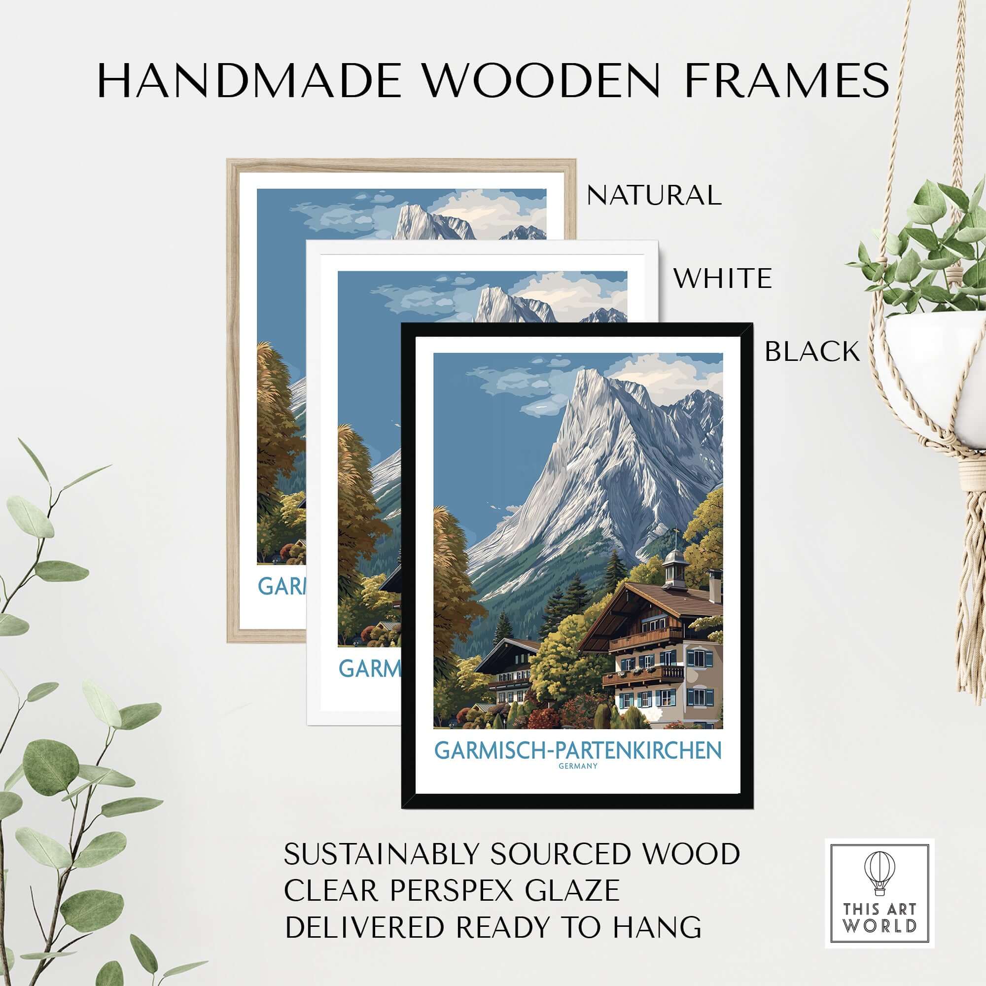 Handmade wooden frames for Garmisch-Partenkirchen Germany Mountain Town Art Print | Alpine Chalet Poster in natural, white, and black.