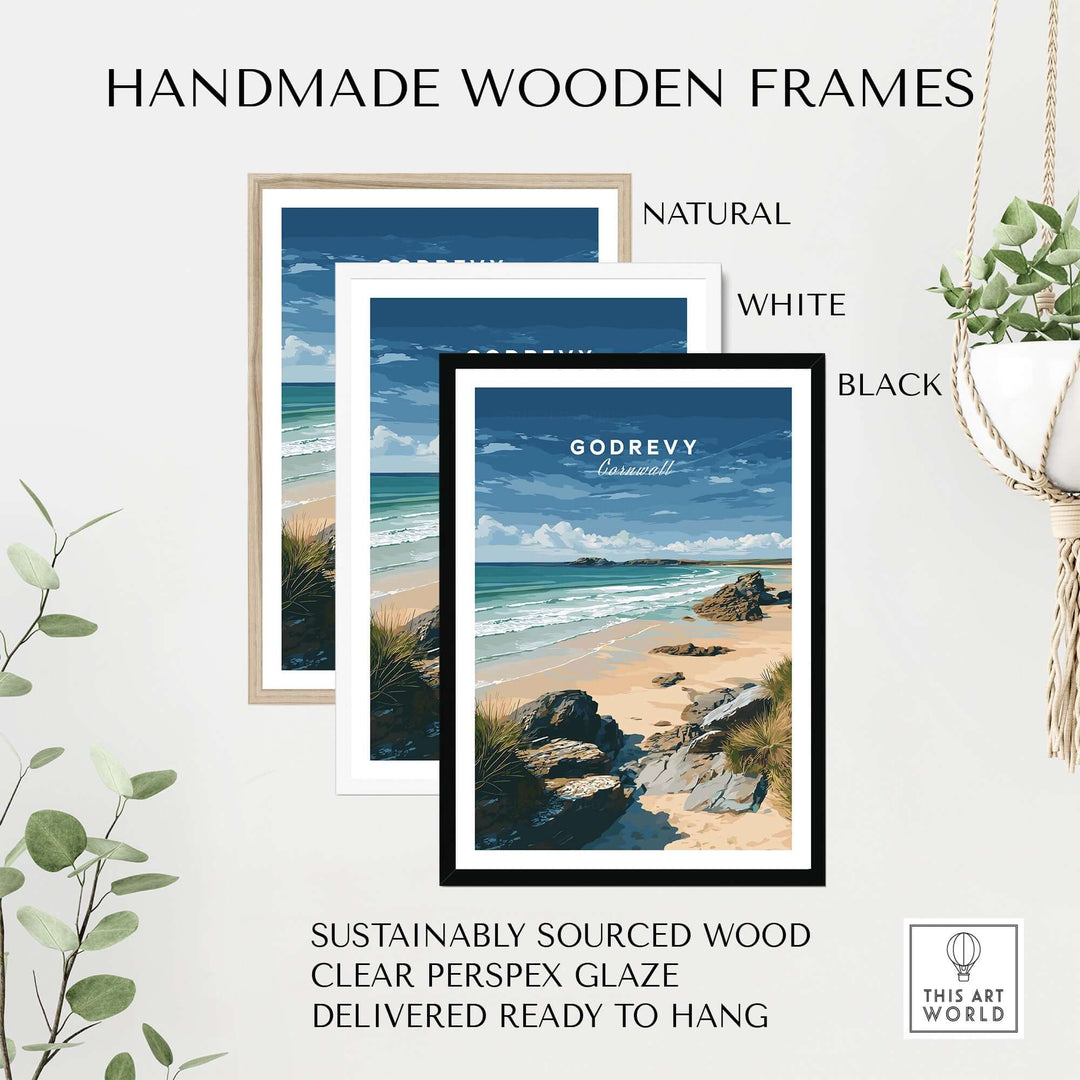 Handmade wooden frames in natural, white, and black for Godrevy Beach poster, sustainably sourced, ready to hang.