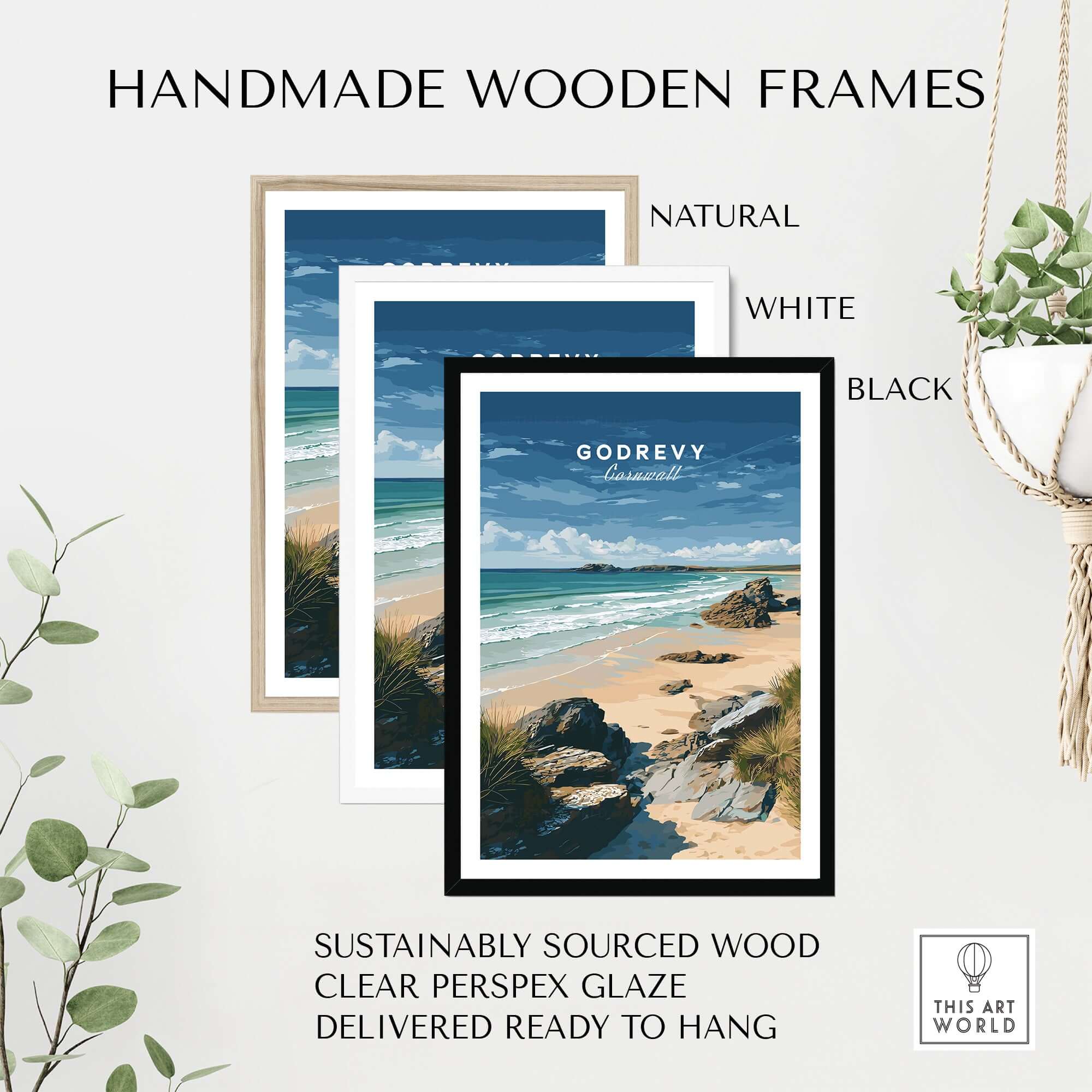 Godrevy Beach Poster - North Cornwall Coast Wall Decor in handmade wooden frames, available in natural, white, and black.