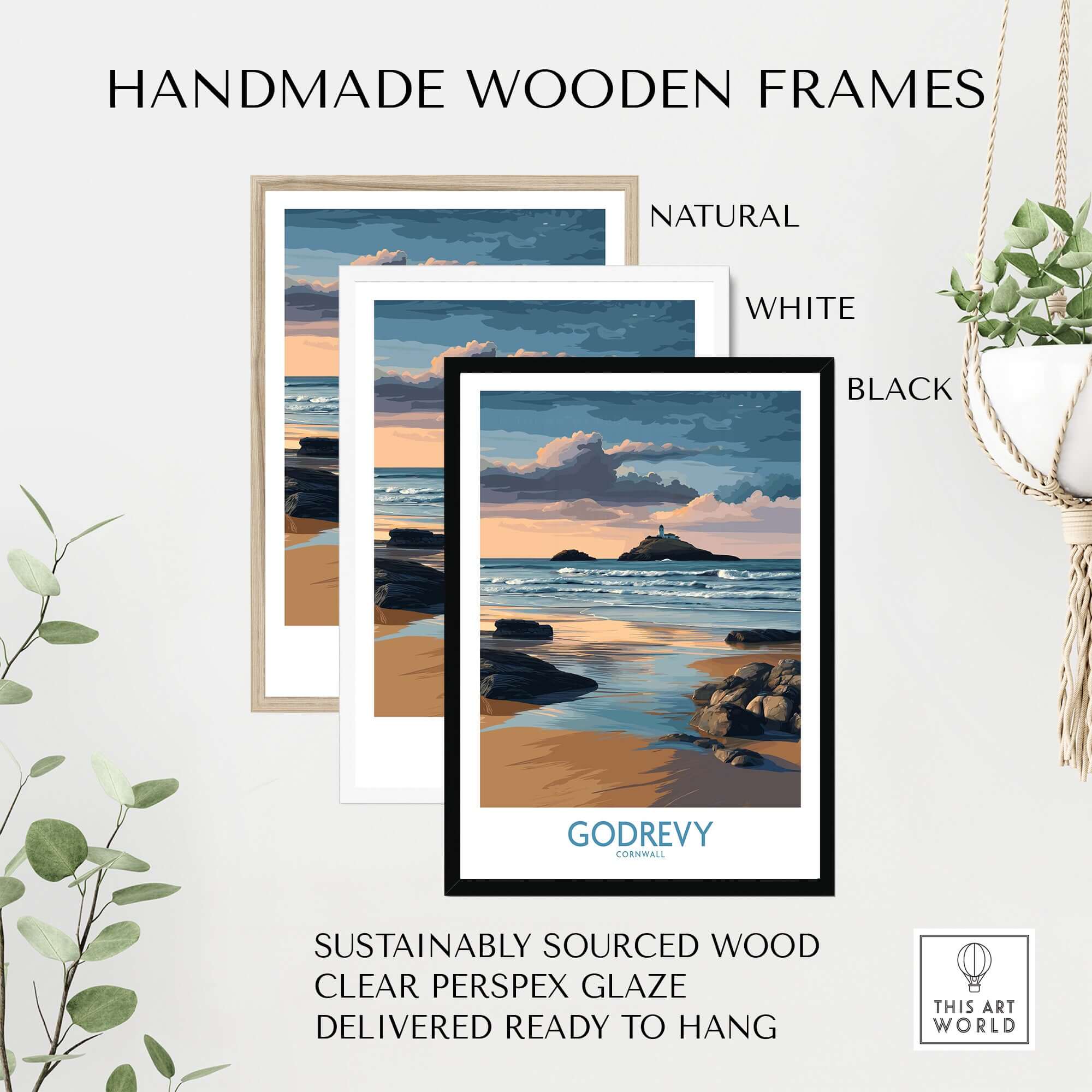 Handmade wooden frames in natural, white, and black for Godrevy Poster - Lighthouse Sunset - Cornwall Travel Print - Coastal Art - Beach Wall Decor.
