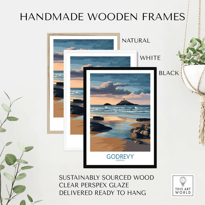 Handmade wooden frames in natural, white, and black for Godrevy coastal art print, ready to hang.
