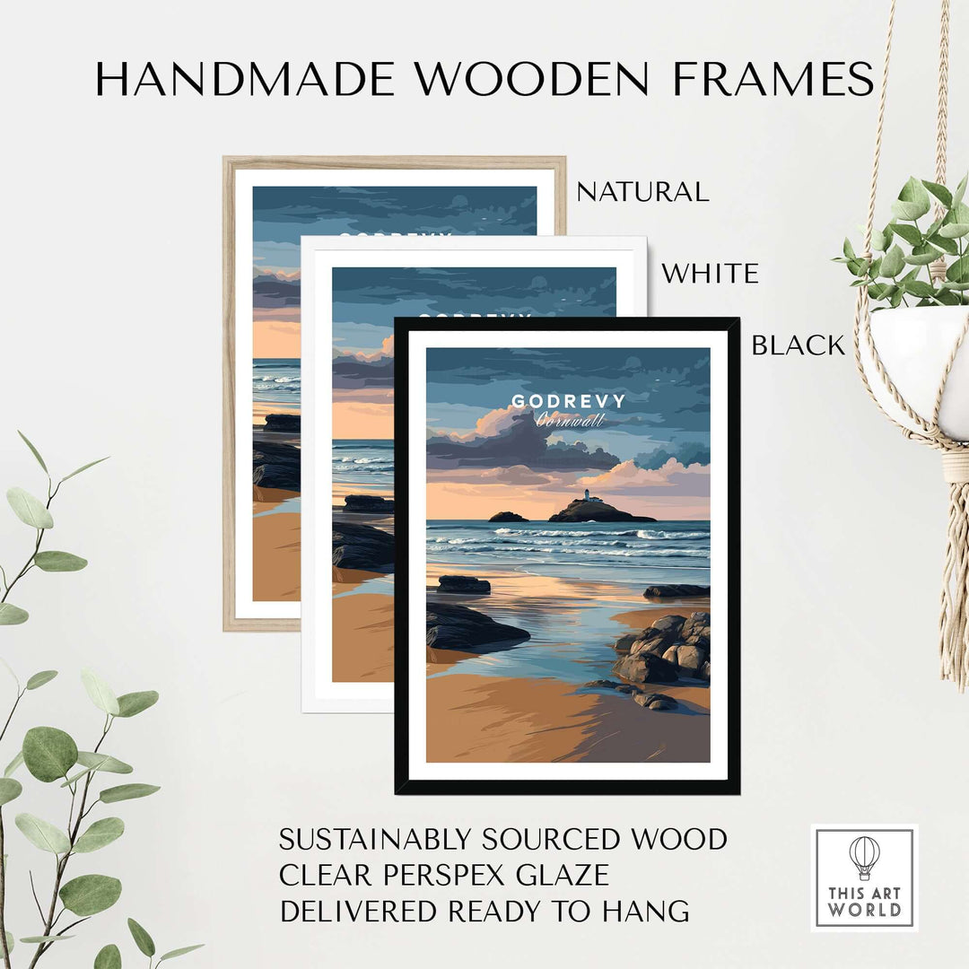 Handmade wooden frames in natural, white, and black for Godrevy Lighthouse art print, made from sustainably sourced wood.