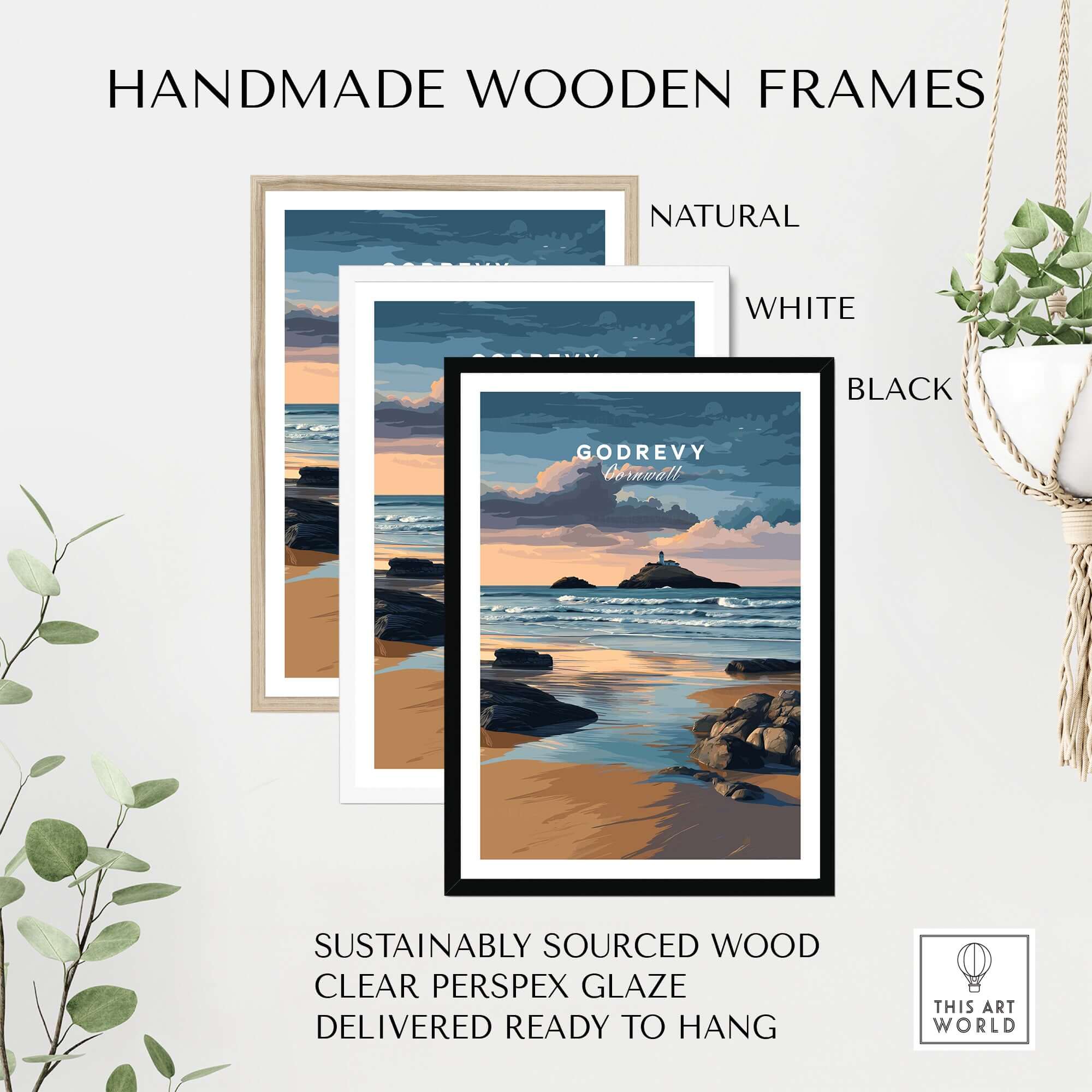 Handmade wooden frames for St Ives Bay Art Print - Godrevy Lighthouse Poster - Cornish Coastline Wall Art, ready to hang.