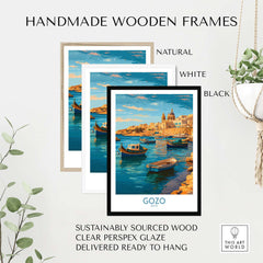 Gozo Malta Fishing Boats Art Print | Marsalforn Harbour Poster framed in natural, white, and black handmade wooden frames.