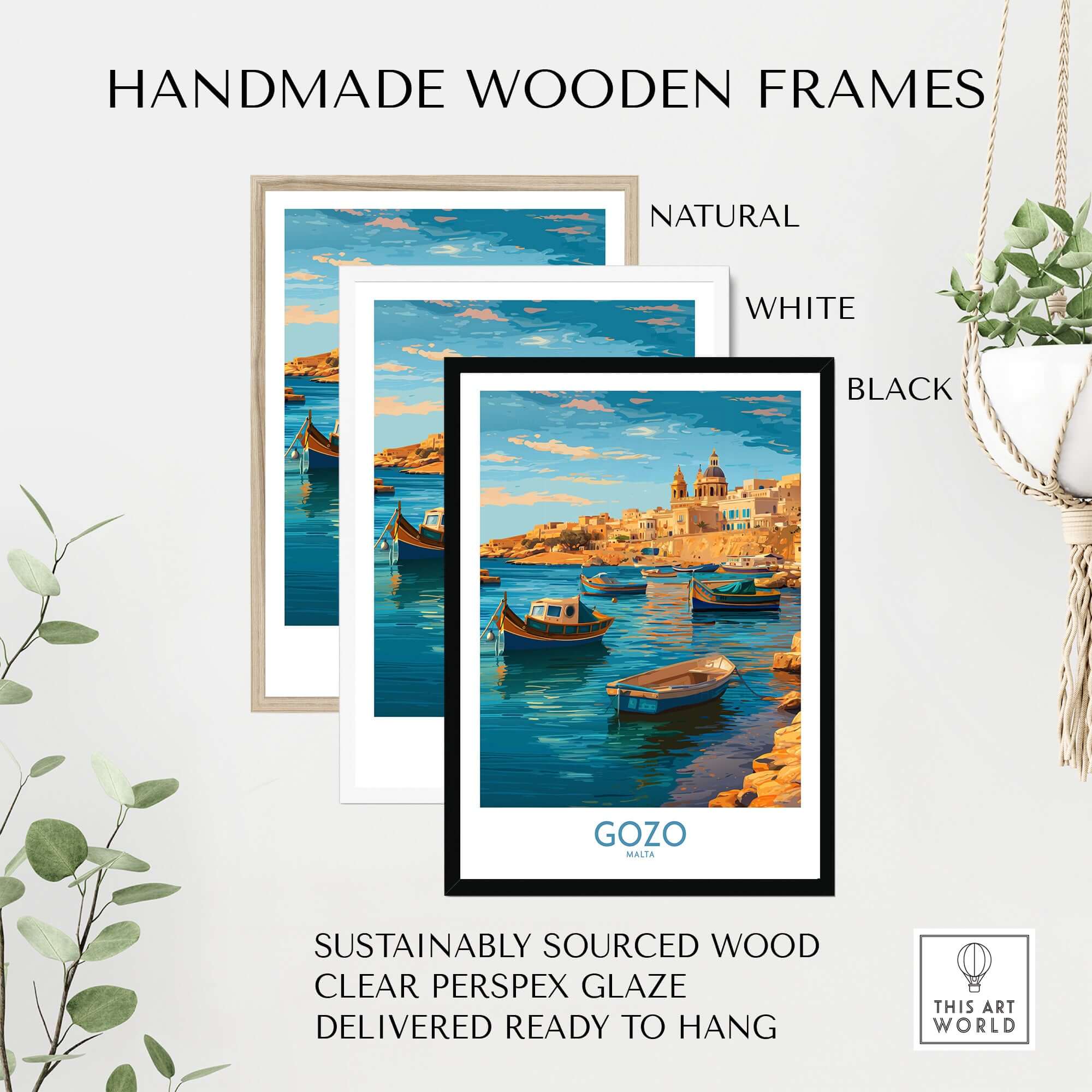 Gozo Malta Fishing Boats Art Print | Marsalforn Harbour Poster framed in natural, white, and black handmade wooden frames.